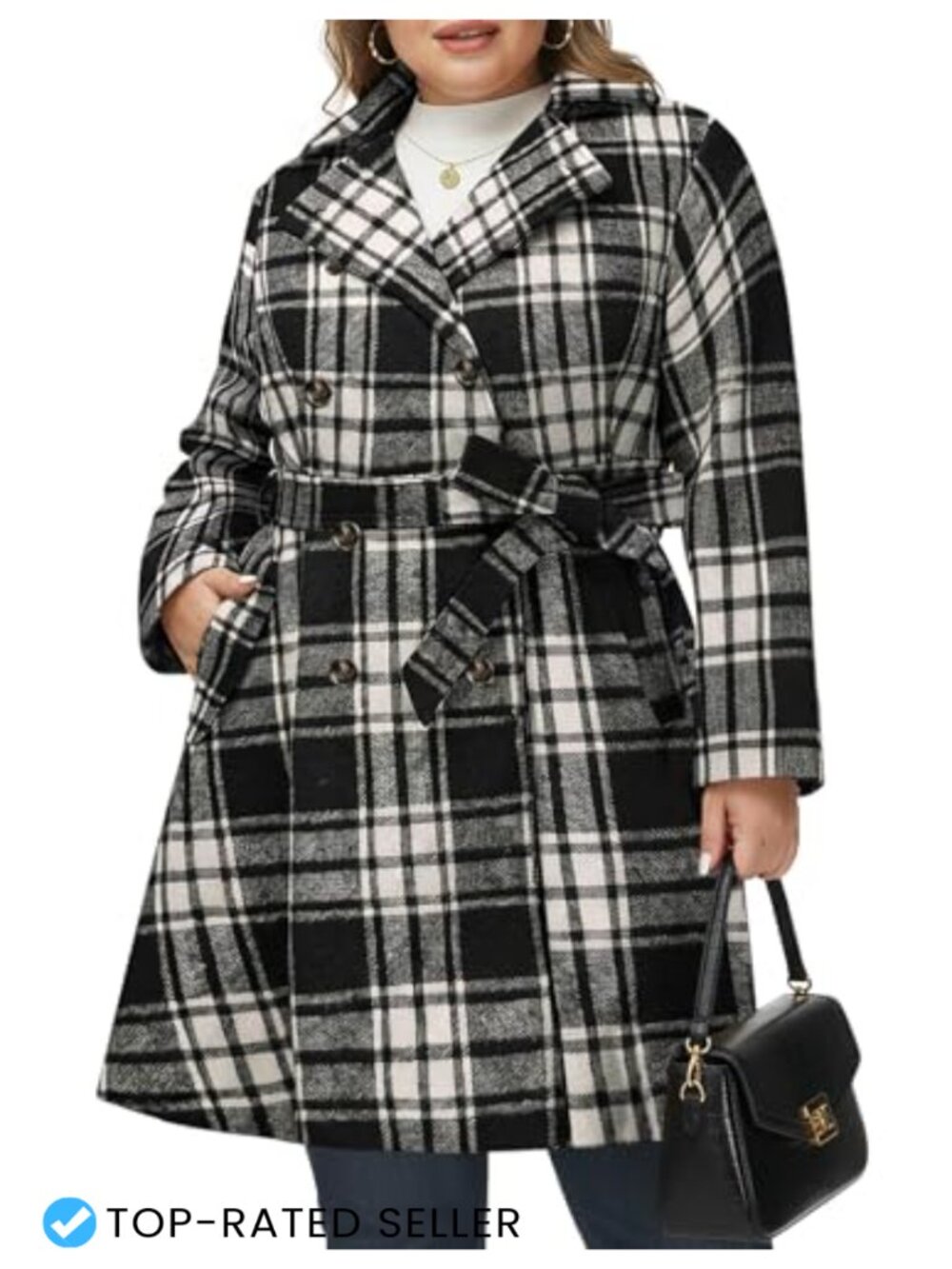 Plus Size Wool Blend Double Breasted Peacoat Belted Winter Overcoat